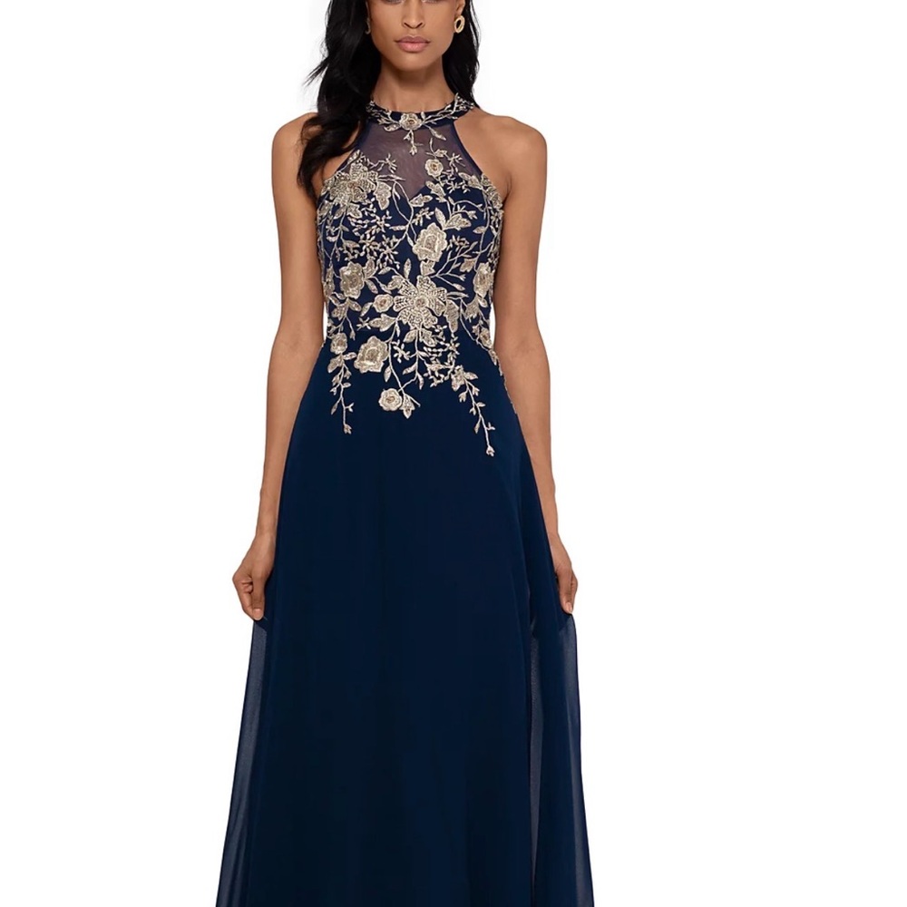 Betsy & Adam Navy and Gold Floral Prom Dress